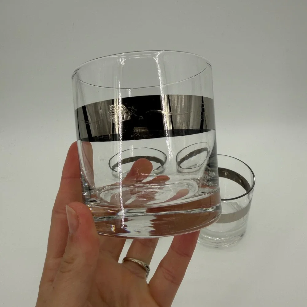 Vintage Silver Platinum Band Whiskey Glasses Set of 3 Winter Igloo Snowflake